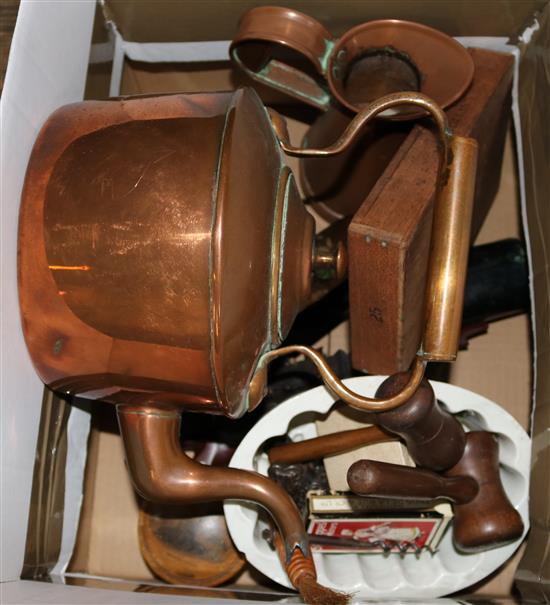 Sundries- corkscrews, jelly mould,2 gavels, 2 mauchalineware items, 2 copper jugs, etc